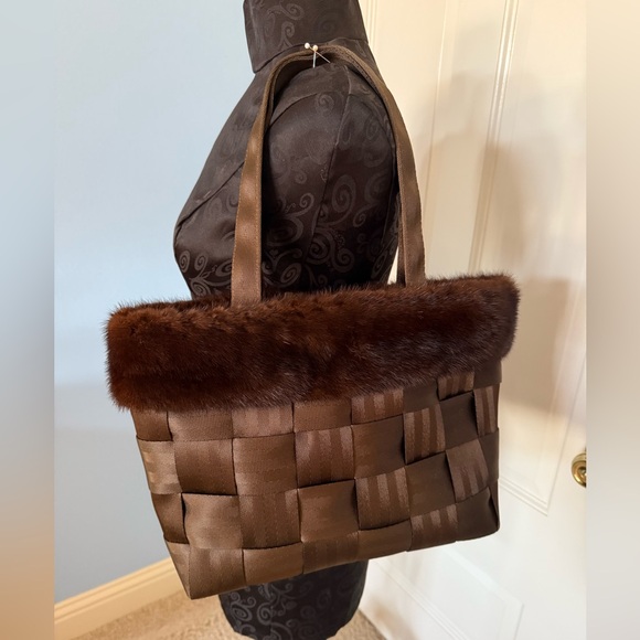 Luxurious Woven Brown Mink Trimmed Bag